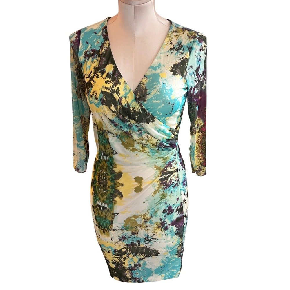 Rampage Abstract Watercolor Ruched Faux Wrap Bodycon Mesh Dress Blue M Y2K